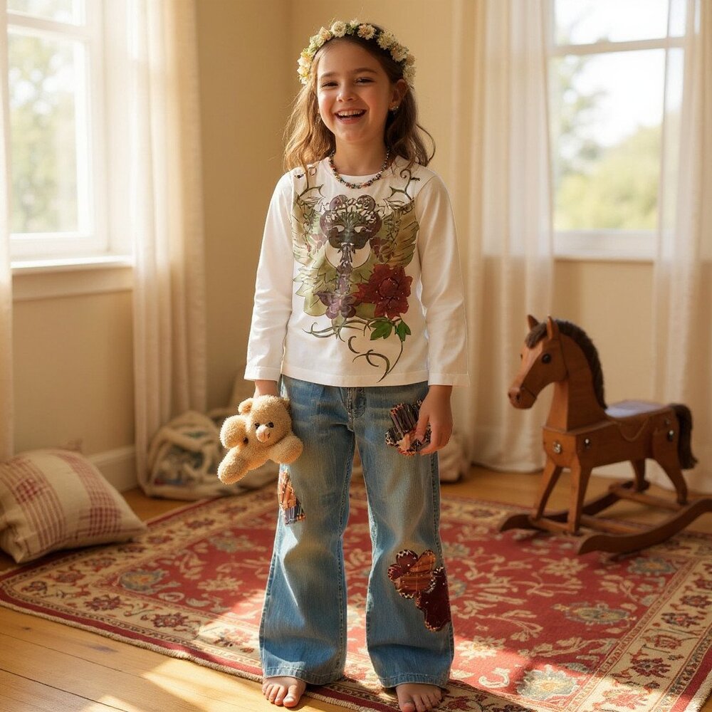 Little Mass Girls Outfit 4 White Graphic Top & Blue Patchwork Flare Jeans Y2K